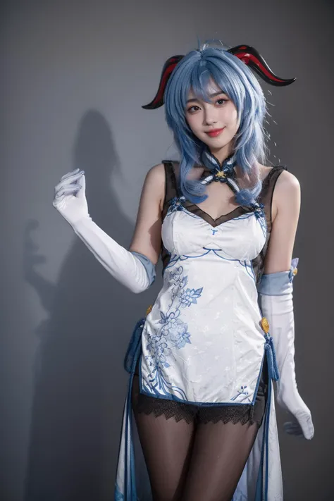best quality,masterpiece,realistic,photorealistic,1girl,solo,looking at viewer,smile,standing,cowboy shot,ganyu cosplay costume,ganyu,genshin impact,alternate costume,blue hair,long hair,ahoge,dress,chinese clothes,china dress,horns,goat horns,gloves,elbow gloves,pantyhose,black pantyhose,grey background,<lora:Genshin_Ganyu_China_Dress_v1:0.75>,