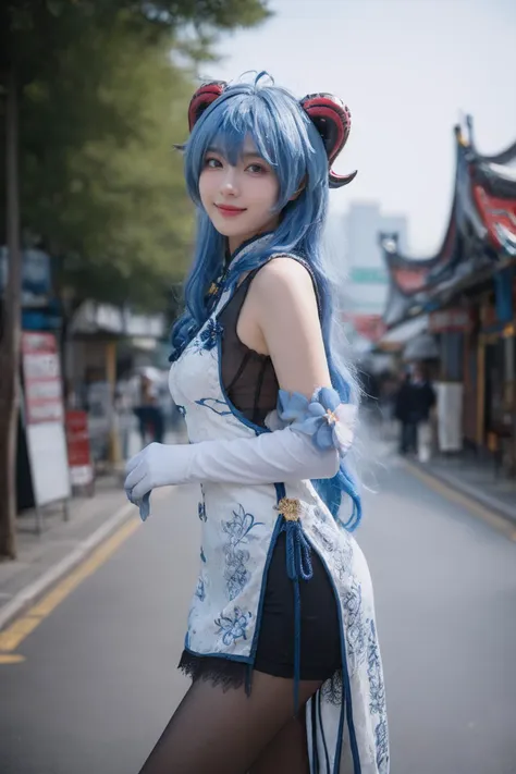 best quality,masterpiece,realistic,photorealistic,1girl,solo,looking at viewer,smile,standing,cowboy shot,arms at side,ganyu cosplay costume,ganyu,genshin impact,alternate costume,blue hair,long hair,ahoge,dress,chinese clothes,china dress,horns,goat horns,gloves,elbow gloves,pantyhose,black pantyhose,china water town,ancient china town,flower,water,tree,<lora:Genshin_Ganyu_China_Dress_v1:0.75>,<lora:Background_Detail_v3:1.5>,