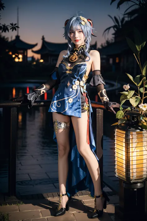 best quality, masterpiece, realistic, photorealistic, 1girl, solo, looking at viewer, smile, standing, full body, ganyu cosplay costume, ganyu, genshin impact, cosplay, alternate costume, blue hair, long hair, horns, hair ornament, hair between eyes, dress, blue dress, china dress, sleeveless dress, bare shoulders, detached sleeves, gloves, elbow gloves, thigh strap, bell, high heels, night, light, lantern, china garden, flower, plant, tree, water, <lora:Genshin_Ganyu_Lantern_Rite_cosplay_v1:0.7>