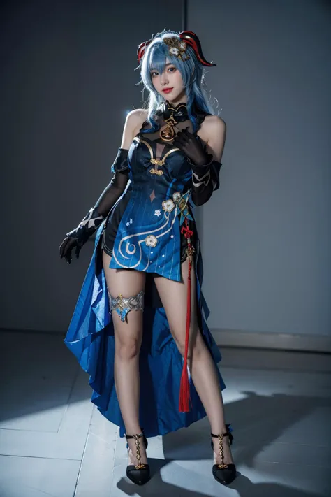 best quality,masterpiece,realistic,photorealistic,1girl,solo,looking at viewer,smile,standing,full body,ganyu cosplay costume,ganyu,genshin impact,cosplay,alternate costume,blue hair,long hair,horns,hair ornament,hair between eyes,dress,blue dress,china dress,sleeveless dress,bare shoulders,detached sleeves,gloves,elbow gloves,thigh strap,bell,high heels,simple grey background,<lora:Genshin_Ganyu_Lantern_Rite_cosplay_v1:0.7>,