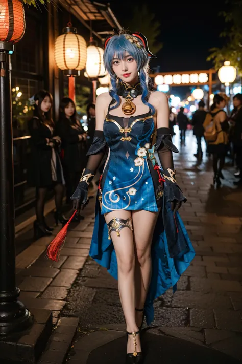 best quality, masterpiece, realistic, photorealistic, 1girl, solo, looking at viewer, smile, standing, full body, ganyu cosplay costume, ganyu, genshin impact, cosplay, alternate costume, blue hair, long hair, horns, hair ornament, hair between eyes, dress, blue dress, china dress, sleeveless dress, bare shoulders, detached sleeves, gloves, elbow gloves, thigh strap, bell, high heels, night, light, lantern, china garden, flower, plant, tree, water, <lora:Genshin_Ganyu_Lantern_Rite_cosplay_v1:0.7>