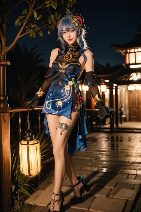 best quality, masterpiece, realistic, photorealistic, 1girl, solo, looking at viewer, smile, standing, full body, ganyu cosplay costume, ganyu, genshin impact, cosplay, alternate costume, blue hair, long hair, horns, hair ornament, hair between eyes, dress, blue dress, china dress, sleeveless dress, bare shoulders, detached sleeves, gloves, elbow gloves, thigh strap, bell, high heels, night, light, lantern, china garden, flower, plant, tree, water, <lora:Genshin_Ganyu_Lantern_Rite_cosplay_v1:0.7>