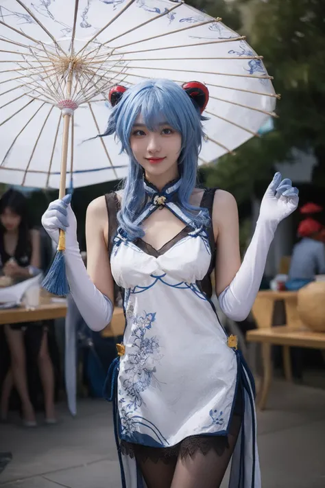 best quality,masterpiece,realistic,photorealistic,1girl,solo,looking at viewer,smile,standing,cowboy shot,ganyu cosplay costume,ganyu,genshin impact,alternate costume,blue hair,long hair,ahoge,dress,chinese clothes,china dress,horns,goat horns,gloves,elbow gloves,pantyhose,black pantyhose,holding oil-paper umbrella,oil-paper umbrella,china water town,ancient china town,flower,water,tree,<lora:Genshin_Ganyu_China_Dress_v1:0.75>,<lora:Background_Detail_v3:1.5>,