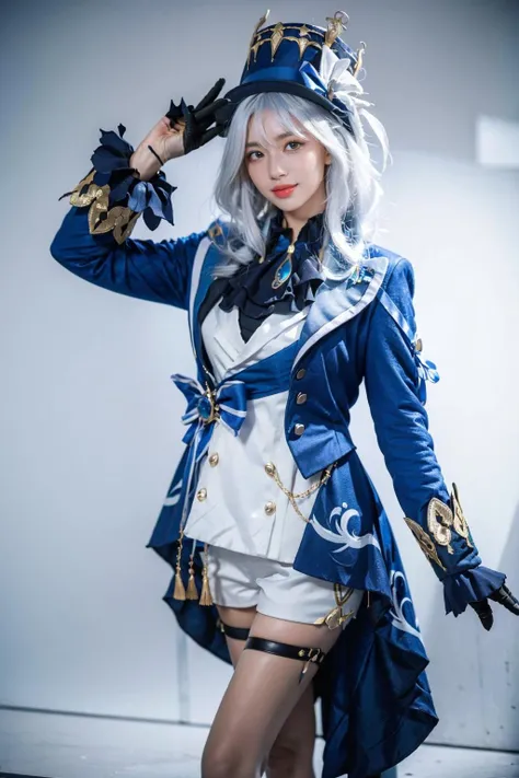 best quality, masterpiece, photorealistic, 1girl, solo, standing, arms at side, cowboy shot, looking at viewer, smile, closed mouth, furina cosplay, furina, cosplay, suit jacket, shirt, shorts, jacket, asymmetrical gloves, long sleeves, white hair, long hair, multicolored hair, top hat, thigh strap, white socks, shoes, <lora:genshin_Furina_cosplay_v1:0.7>