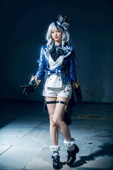 best quality, masterpiece, photorealistic, 1girl, solo, standing, arms at side, full body, looking at viewer, smile, closed mouth, furina cosplay, furina, cosplay, suit jacket, shirt, shorts, jacket, asymmetrical gloves, long sleeves, white hair, long hair, multicolored hair, top hat, thigh strap, white socks, shoes, <lora:genshin_Furina_cosplay_v1:0.7>