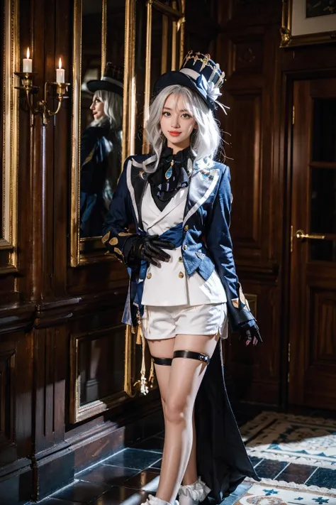 best quality, masterpiece, photorealistic, 1girl, solo, standing, arms at side, cowboy shot, looking at viewer, smile, closed mouth, furina cosplay, furina, cosplay, suit jacket, shirt, shorts, jacket, asymmetrical gloves, long sleeves, white hair, long hair, multicolored hair, top hat, thigh strap, white socks, shoes, castle, indoors, luxury ball, <lora:genshin_Furina_cosplay_v1:0.7>