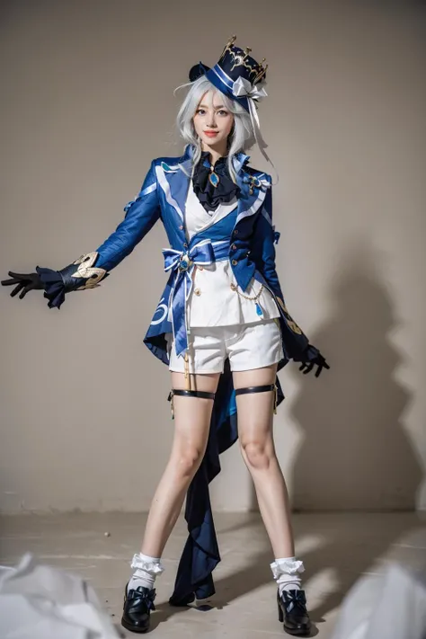 best quality, masterpiece, photorealistic, 1girl, solo, standing, arms at side, full body, looking at viewer, smile, closed mouth, furina cosplay, furina, cosplay, suit jacket, shirt, shorts, jacket, asymmetrical gloves, long sleeves, white hair, long hair, multicolored hair, top hat, thigh strap, white socks, shoes, simple background, <lora:genshin_Furina_cosplay_v1:0.7>
