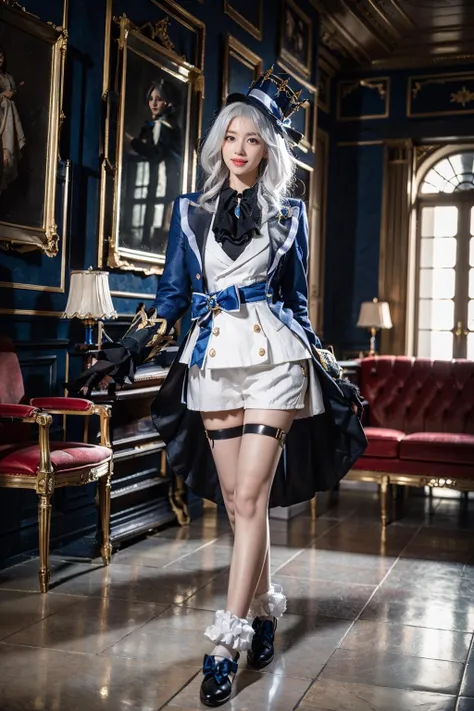 best quality, masterpiece, photorealistic, 1girl, solo, standing, arms at side, full body, looking at viewer, smile, closed mouth, furina cosplay, furina, cosplay, suit jacket, shirt, shorts, jacket, bow, asymmetrical gloves, long sleeves, white hair, long hair, multicolored hair, top hat, thigh strap, white socks, shoes, castle, indoors, luxury ball, <lora:genshin_Furina_cosplay_v1:0.7>