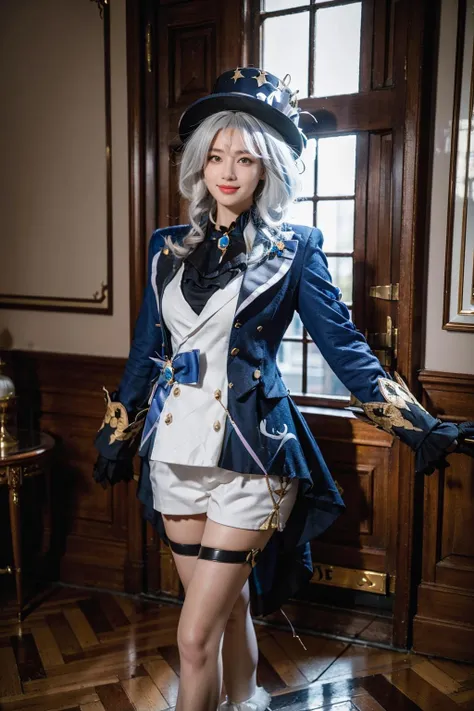 best quality, masterpiece, photorealistic, 1girl, solo, standing, arms at side, cowboy shot, looking at viewer, smile, closed mouth, furina cosplay, furina, cosplay, suit jacket, shirt, shorts, jacket, asymmetrical gloves, long sleeves, white hair, long hair, multicolored hair, top hat, thigh strap, white socks, shoes, castle, indoors, luxury ball, <lora:genshin_Furina_cosplay_v1:0.7>