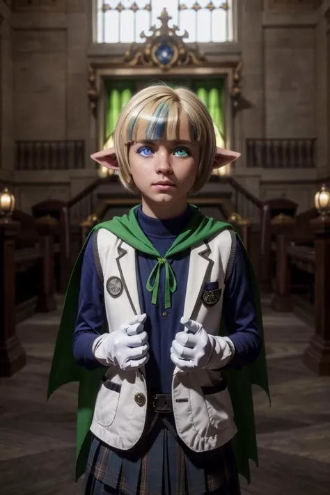 Hyperrealistic, Masterpiece, Volumetric Lighting, Subsurface Scattering, Photorealistic, best quality, intricate details, tonemapping, sharp focus, hyper detailed, absurdres, highres, anime style, extremely fine full body professional photograph of, 1boy, elf, solo, <lora:mare-overlord-10:0.8>, mare bello fiore, (heterochromia, blue eyes, green eyes:1.2), blonde hair, white vest, white skirt, blue shirt, white gloves, green cape, looking at viewer, parted lips, own hands clasped, (best quality, masterpiece:1.2) BREAK, indoors, mausoleum, BREAK, (masterpiece:1.2), best quality, high resolution, unity 8k wallpaper, (illustration:0.8), ((heterochromia, blue eyes, green eyes:1.2)), extremely detailed face, perfect lighting, extremely detailed CG, (perfect hands, perfect anatomy),