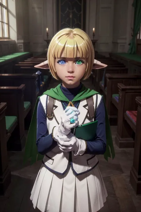 Hyperrealistic, Masterpiece, Volumetric Lighting, Subsurface Scattering, Photorealistic, best quality, intricate details, tonemapping, sharp focus, hyper detailed, absurdres, highres, anime style, extremely fine full body professional photograph of, 1boy, elf, solo, <lora:mare-overlord-10:0.8>, mare bello fiore, (heterochromia, blue eyes, green eyes:1.2), blonde hair, white vest, white skirt, blue shirt, white gloves, green cape, looking at viewer, parted lips, own hands clasped, (best quality, masterpiece:1.2) BREAK, indoors, mausoleum, BREAK, (masterpiece:1.2), best quality, high resolution, unity 8k wallpaper, (illustration:0.8), ((heterochromia, blue eyes, green eyes:1.2)), extremely detailed face, perfect lighting, extremely detailed CG, (perfect hands, perfect anatomy),