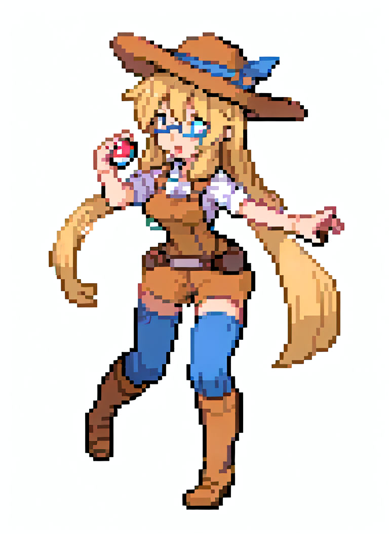 A close up of a pixel art of a woman with a hat and a sword - SeaArt AI