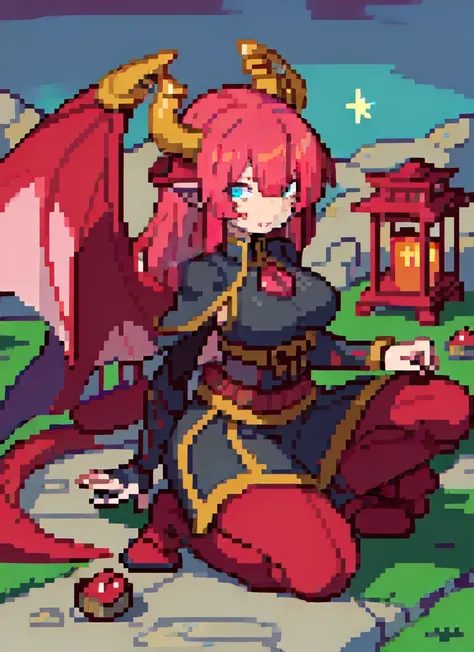 ((best quality)), ((highly detailed)), masterpiece, absurdres, detailed face, beautiful face, (detailed eyes, deep eyes), (1girl), upper body, <lora:aiomonstergirls_loraLocon:.3>, dragon girl, , scales, soft pink colored hair, dragon horns, dragon tail, dragon wings, armored boots, (outdoors, at a shrine, torii, stone lanterns, twilight, shooting star), <lora:pk_trainer768_V1:.6>, gen1