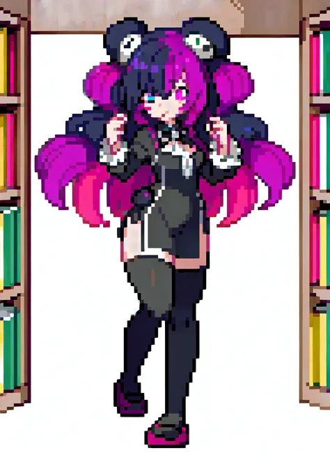 ((best quality)), ((highly detailed)), masterpiece, absurdres, detailed face, beautiful face, (detailed eyes, deep eyes), <lora:more_details:.3>, (1girl), full body, ((wide shot)), ((panda girl)), (panda ears), fluffy, (multicolored hair, black and white hair), (black domino mask, face paint), short hair, black eyes, chinese_dress, pelvic curtain, (monster girl), bamboo, (inside, in a library, librarian, book shelves, open book), <lora:pk_trainer768_V1:.7>, gen2