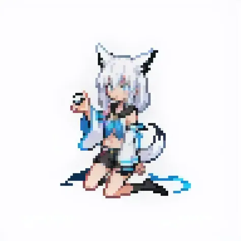 1girl, solo, white hair, single side braid, fox tail, (fubukidefault), white blouse, [midriff peek], detached sleeves, black short shorts, blue neckerchief, thigh strap, single thighhigh  <lora:PokemonTrainer768:0.6><lora:shirakami_fubuki_9_outfits:1>