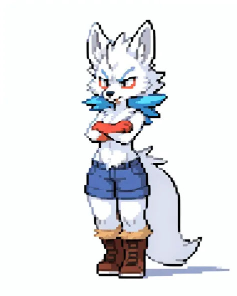 (solo:1.3),  front view ,  by haps, Cory Loftis, Yuumei, by braeburned, by Tom Whalen, by Shiitakemeshi, adorable, (female,  detailed colorful body fur, arctic fox,  angry, frown, pout:1.2),  (detailed  expressive face, detailed fluffy body fur:1.2),detailed eyes,  crossed arms,  (flat colors, lineless, cel shading:0.8),  short  pants,  hi res, masterpiece,  cute, (white clean background:1.3), sfw,  pixelart, <lora:pk_trainer768_V1:0.5>,
