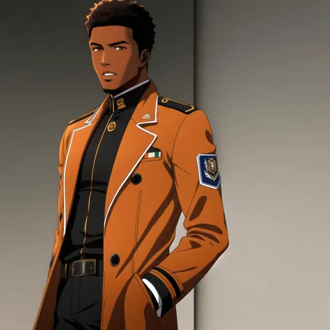 ultra realistic 8k cg, 1 black male, African american, orange trenchcoat with open over uniform, military uniform lances color, black short fade, hand in coat, <lora:bleach_style_offset:0.8>