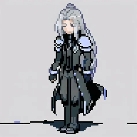 <lora:pk_trainer768_V1:0.8>,1male, armor, black jacket, chest strap, coat, dress, falling feathers, full body, gloves, grey hair, jacket, male focus, necktie, parted bangs, sephiroth, sephiroth (final fantasy), (grey shoulder armor), standing, sword, <lora:lora:0.9>