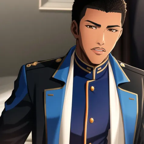 ultra realistic 8k cg, 1 black male, African american, (black trenchcoat with open over uniform), blue and orange military uniform,(black hair), short fade, hand in coat, <lora:bleach_style_offset:0.8>
