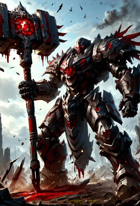 BloodSoakedAI battle mech wielding sword,,, battlehammer, realism, 8k trending on Artstation<lora:HorrorAI:0.7> <lora:MJ52:0.4> <lora:EnvyFeverDreamXL01a:0.7> <lora:BattlehammerV2:0.8>