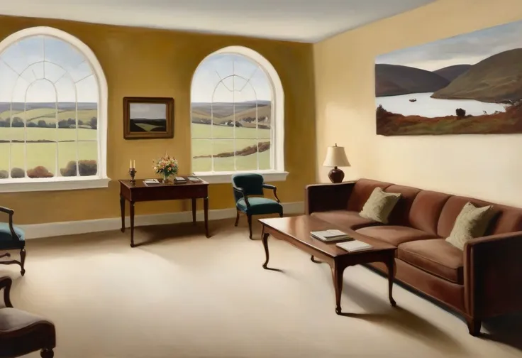 ((((painting of)))) a group home reception, reception desk, large waiting room, cosy, scenery, Wyeth style