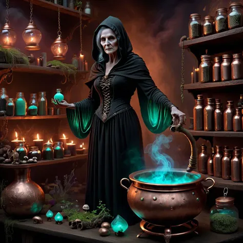 old crone witch, standing before a (copper cauldron, double bubble, toil and trouble), familiar by her side, a book of shadows on a lectern next to her, shelves on the bachkground with glass jars full of herbs, bioluminescent mushrooms, powders, potions, eyes of newt, and gross or scary ingredients, (long) black hooded dress, glow, nether, whimsical, faerie tale, fantasy, impressive, intricate details, ((((photorealistic))))
