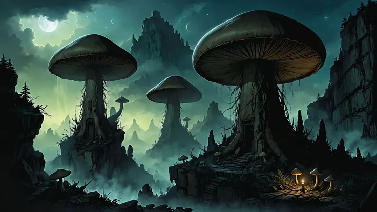 alien landscape, Giant mushrooms towering like colossal pillars, Ancient ruins perched atop rugged cliffs , alien [fauna:flora:0.5], Hard Lighting, <lora:Dark_Novel:0.7>, <lora:EnvyFeverDreamXL01a:0.7>, <lora:great_lighting:0.4> great lighting