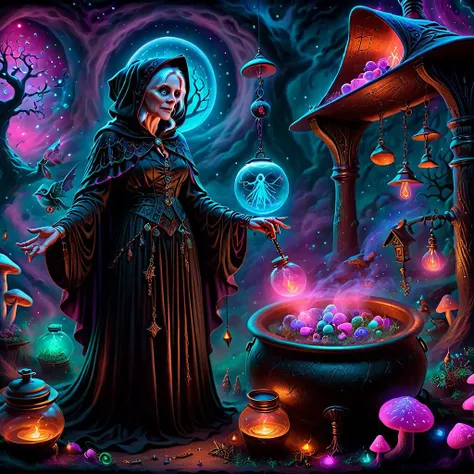 old crone witch, standing before a (copper cauldron, double bubble, toil and trouble), familiar by her side, a book of shadows on a lectern next to her, shelves on the bachkground with glass jars full of herbs, bioluminescent mushrooms, powders, potions, eyes of newt, and gross or scary ingredients, (long) black hooded dress, glow, nether, whimsical, faerie tale, fantasy, impressive, intricate details, (photorealistic)