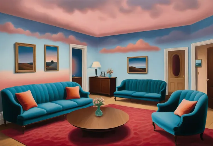 ((((painting of)))) a group home reception, reception desk, large waiting room, cosy, magritte style