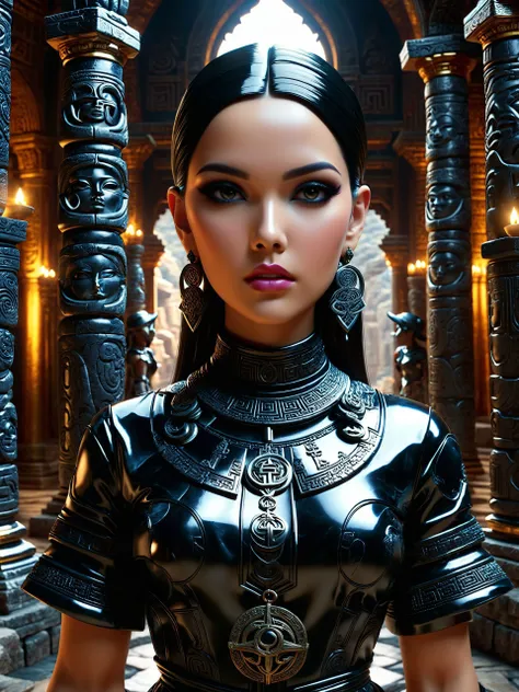 Woman wearing a ral-obsdn outrageous fashion outfit, Ancient temple interior with mystical symbols in the background,, photorealistic, highly detailed, sharp focus, symmetric face, Artstation HQ, DeviantArt trending, 4k UHD, Unreal Engine 5 <lora:ral-obsdn:0.9> <lora:outrageous_fashion:0.8> <lora:xl_more_art-full_v1:0.4> <lora:SDXLFaeTastic2400:0.3> <lora:MJ52:0.3> <lora:EnvyFeverDreamXL01a:0.7>