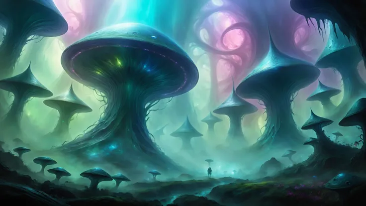 alien landscape, Biomechanical structures towering like metallic giants, Enchanted forest blanketed in mystical fog , alien [fauna:flora:0.5], Flickering light, <lora:paintmgc:0.8> paintmgc, <lora:EnvyFeverDreamXL01a:0.7>, <lora:RMSDXL_Creative:0.4>