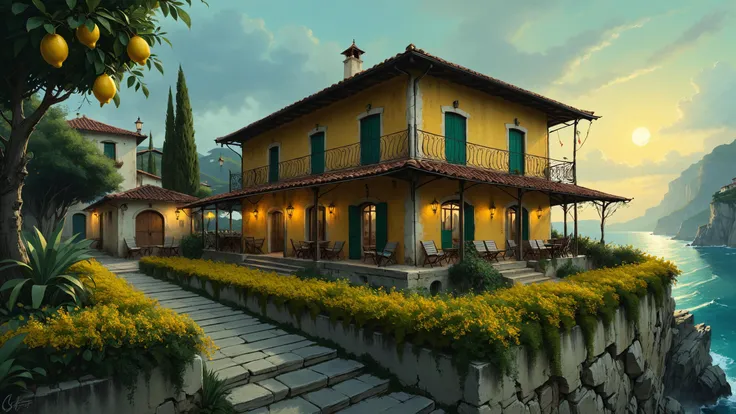 An Italian coastal villa with a lemon grove, where the scent of citrus wafts through the air,,, lighting,, sharp focus, wide shot, trending on ArtStation, masterpiece, by Greg Rutkowski, by Ross Tran, by Fenghua Zhong, octane, soft render, oil on canvas, colorful, cinematic, environmental concept art <lora:Dark_Novel:0.7> <lora:add-detail-xl:0.4> <lora:EnvyFeverDreamXL01a:0.7> <lora:detailed_notrigger:0.8>