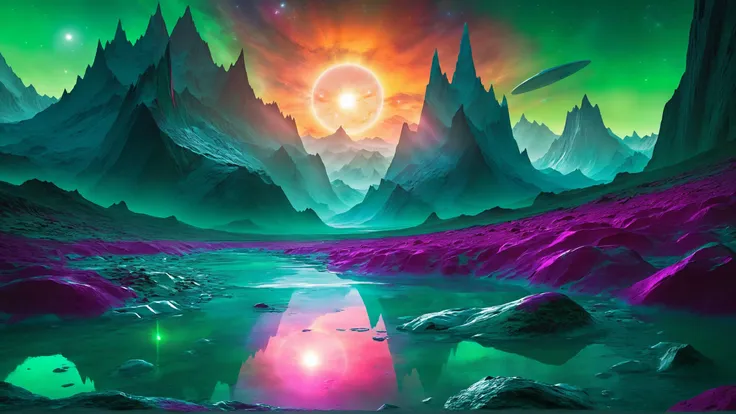 alien landscape, Glacial formations reflecting the alien sun, Emerald valley nestled between towering mountains , alien [flora:fauna:0.5], Cinematic lighting, <lora:gorgoeus_splash_of_vibrant_paint:0.7> Gorgeous splash of vibrant paint, <lora:EnvyFeverDreamXL01a:0.7>, <lora:MJ52:0.4>