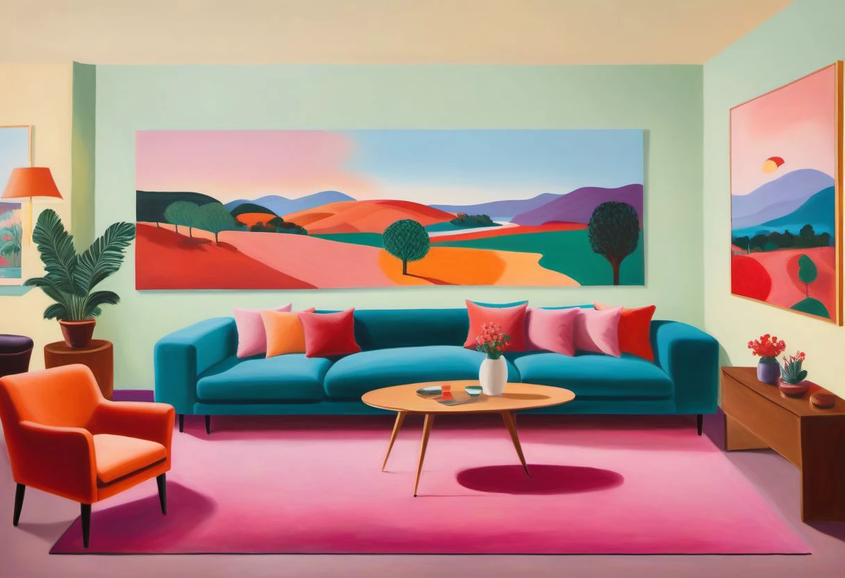 ((((painting of)))) a group home reception, reception desk, large waiting room, cosy, scenery, (Hockney style)