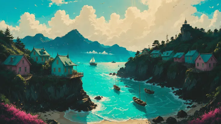 A seaside village with pastel-colored houses, perched on a cliff overlooking a turquoise bay with fishing boats bobbing in the gentle waves,,, by Studio Ghibli, Makoto Shinkai, (((Makoto Shinkai))) by Artgerm, by beeple, volumetric lighting, octane render, 4K resolution, trending on artstation, masterpiece <lora:EnvyFeverDreamXL01a:0.7> <lora:Misty_Vintage:0.8> <lora:SDXLFaeTastic2400:0.4>