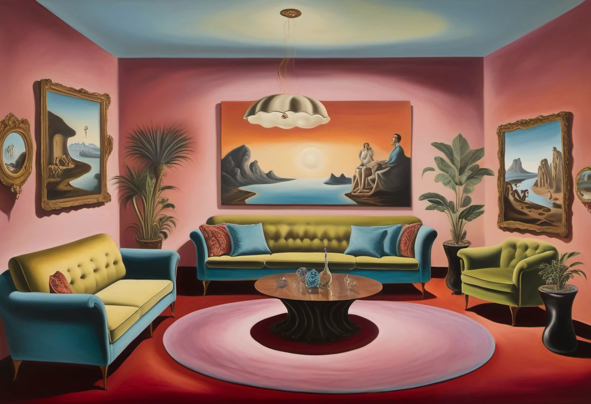 ((((painting of)))) a group home reception, reception desk, large waiting room, cosy, Dali style