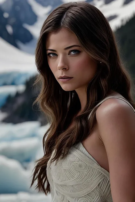 photo of beautiful (p3yl1st:0.99), a woman in a (glacier:1.1), perfect hair, wearing (haute couture:1.1), modelshoot style, (extremely detailed CG unity 8k wallpaper), professional majestic (photography by helmut newton:1.1), nikon, 24mm, exposure blend, hdr, faded, trending on ArtStation, trending on CGSociety, extremely intricate, High Detail, Sharp focus, dramatic, soft cinematic light, (looking at viewer), (detailed pupils)