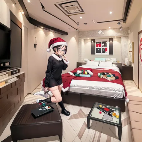 best quality, ultra-detailed, illustration,
(1girl,solo:1.4), glasses, embarrassed, blush, smile, looking at viewer, black hair, medium hair, medium breasts, kneehighs, santa costume, santa hat, santa dress,  
lovehotel, table, bottle, indoors, bed, couch, pillow, door, television,
<lora:lovehotel_SD15_V7:0.8>