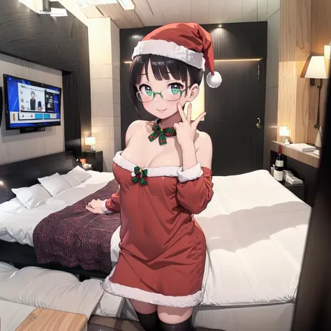 best quality, ultra-detailed, illustration,
(1girl,solo:1.4), glasses, embarrassed, blush, smile, looking at viewer, black hair, medium hair, medium breasts, kneehighs, santa costume, santa hat, santa dress,
lovehotel, table, bottle, indoors, bed, couch, pillow, door, television,
<lora:lovehotel_SD15_V7:0.8>
