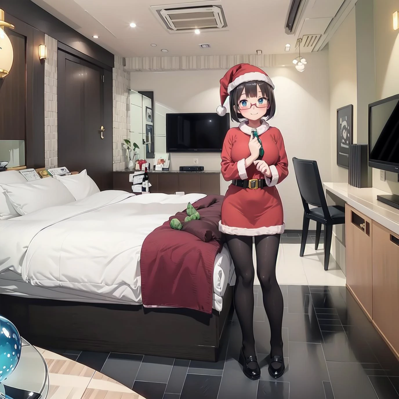 best quality, ultra-detailed, illustration,
(1girl,solo:1.4), glasses, embarrassed, blush, smile, looking at viewer, black hair, medium hair, medium breasts, stockings, pantyhose, santa costume, santa hat,
lovehotel, table, bottle, indoors, bed, couch, pillow, door, television,
<lora:lovehotel_SD15_V7:0.8>