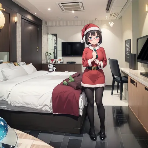 best quality, ultra-detailed, illustration,
(1girl,solo:1.4), glasses, embarrassed, blush, smile, looking at viewer, black hair, medium hair, medium breasts, stockings, pantyhose, santa costume, santa hat,
lovehotel, table, bottle, indoors, bed, couch, pillow, door, television,
<lora:lovehotel_SD15_V7:0.8>