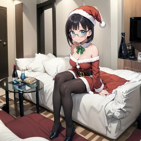 best quality, ultra-detailed, illustration,
(1girl,solo:1.4), glasses, embarrassed, blush, smile, looking at viewer, black hair, medium hair, medium breasts, stockings, pantyhose, santa costume, santa hat,
lovehotel, table, bottle, indoors, bed, couch, pillow, door, television,
<lora:lovehotel_SD15_V7:0.8>