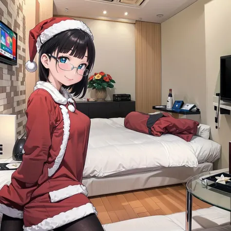 best quality, ultra-detailed, illustration,
(1girl,solo:1.4), glasses, embarrassed, blush, smile, looking at viewer, black hair, medium hair, medium breasts, kneehighs, santa costume, santa hat,
lovehotel, table, bottle, indoors, bed, couch, pillow, door, television,
<lora:lovehotel_SD15_V7:0.8>