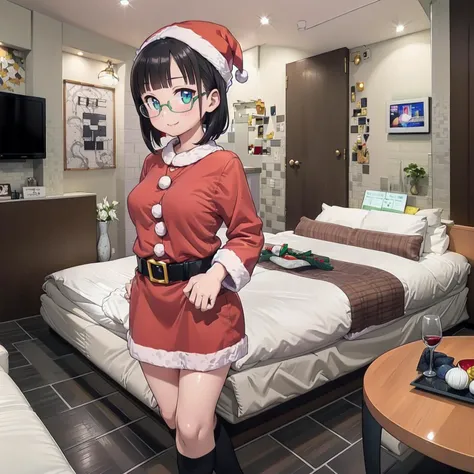 best quality, ultra-detailed, illustration,
(1girl,solo:1.4), glasses, embarrassed, blush, smile, looking at viewer, black hair, medium hair, medium breasts, kneehighs, santa costume, santa hat,
lovehotel, table, bottle, indoors, bed, couch, pillow, door, television,
<lora:lovehotel_SD15_V7:0.8>
