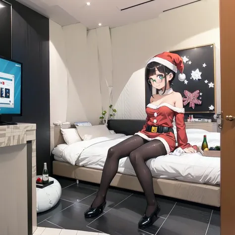 best quality, ultra-detailed, illustration,
(1girl,solo:1.4), glasses, embarrassed, blush, smile, looking at viewer, black hair, medium hair, medium breasts, stockings, pantyhose, santa costume, santa hat,
lovehotel, table, bottle, indoors, bed, couch, pillow, door, television,
<lora:lovehotel_SD15_V7:0.8>