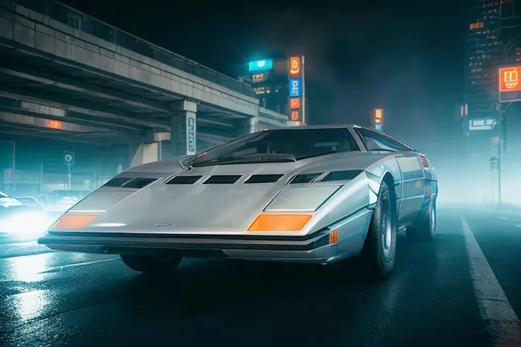analog gloomy photo of a silver (Dome Zero car, <lora:d0m3z3r0:1>), racing down an avenue in a futuristic city at night, (neon:1.1), ((cyberpunk)), ((nighttime)), High Detail, Sharp focus, ((photorealism)), realistic, best quality, 8k, award winning, dramatic lighting, epic, cinematic, masterpiece, depth of field, volumetric lights, (ambient fog:1.3), dutch angle,