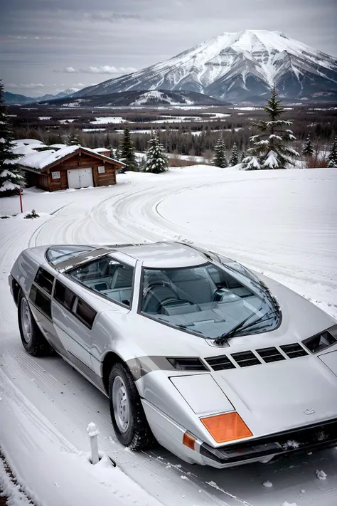 Photo of a big Dome Zero car covered with snow on the mountain.
<lora:d0m3z3r0:1.1>