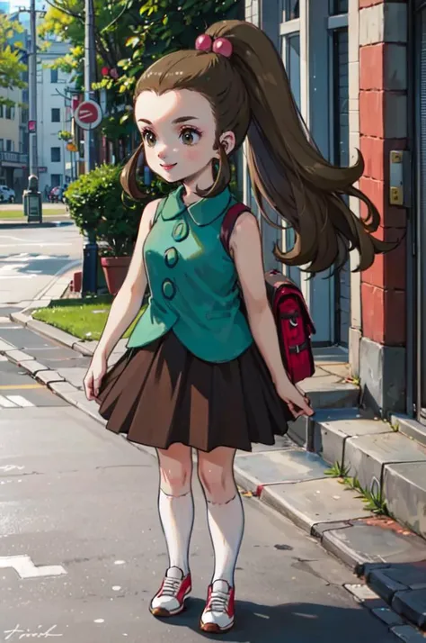 solo, <lora:schoolkid orasV3:0.7> schoolkid oras, hair bobbles, sleeveless shirt, brown skirt, kneehighs, sneaker, smile, game boy, <lora:ponsuke:1> standing,, ultra detailed, masterpiece, best quality, aesthetic, detailed,