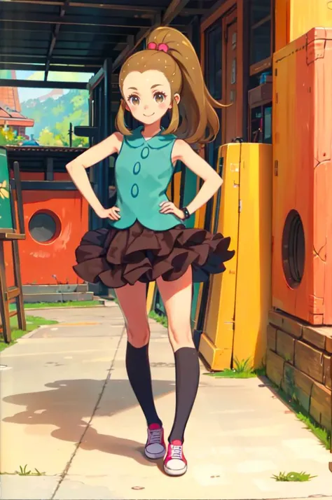 solo, <lora:schoolkid orasV3:0.7> schoolkid oras, hair bobbles, sleeveless shirt, brown skirt, kneehighs, sneaker, smile, game boy,     <lora:kuroboshi_kouhaku_style_v01:1>, ultra detailed, masterpiece, best quality, aesthetic, detailed,