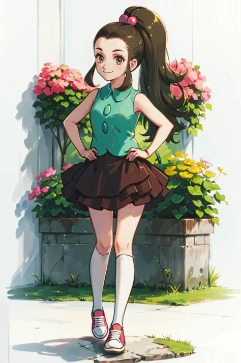 <lora:schoolkid orasV3:0.9> schoolkid oras, hair bobbles, sleeveless shirt, brown skirt, kneehighs, sneaker, smile, double v, (standing:1.3),, ultra detailed, masterpiece, best quality, aesthetic, detailed,